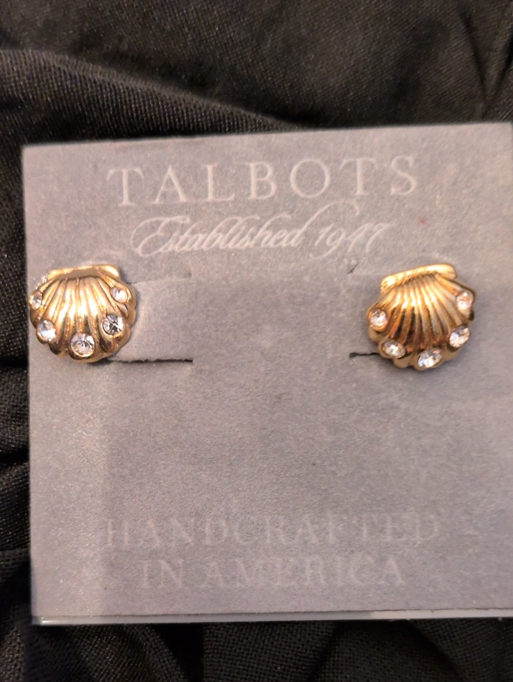 Talbots Gold Shell Stud Earrings with Clear Crystals